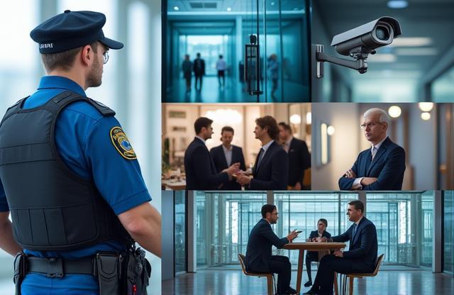 Collage representing various security services offered by Vigilant, including a security guard, surveillance, and consulting